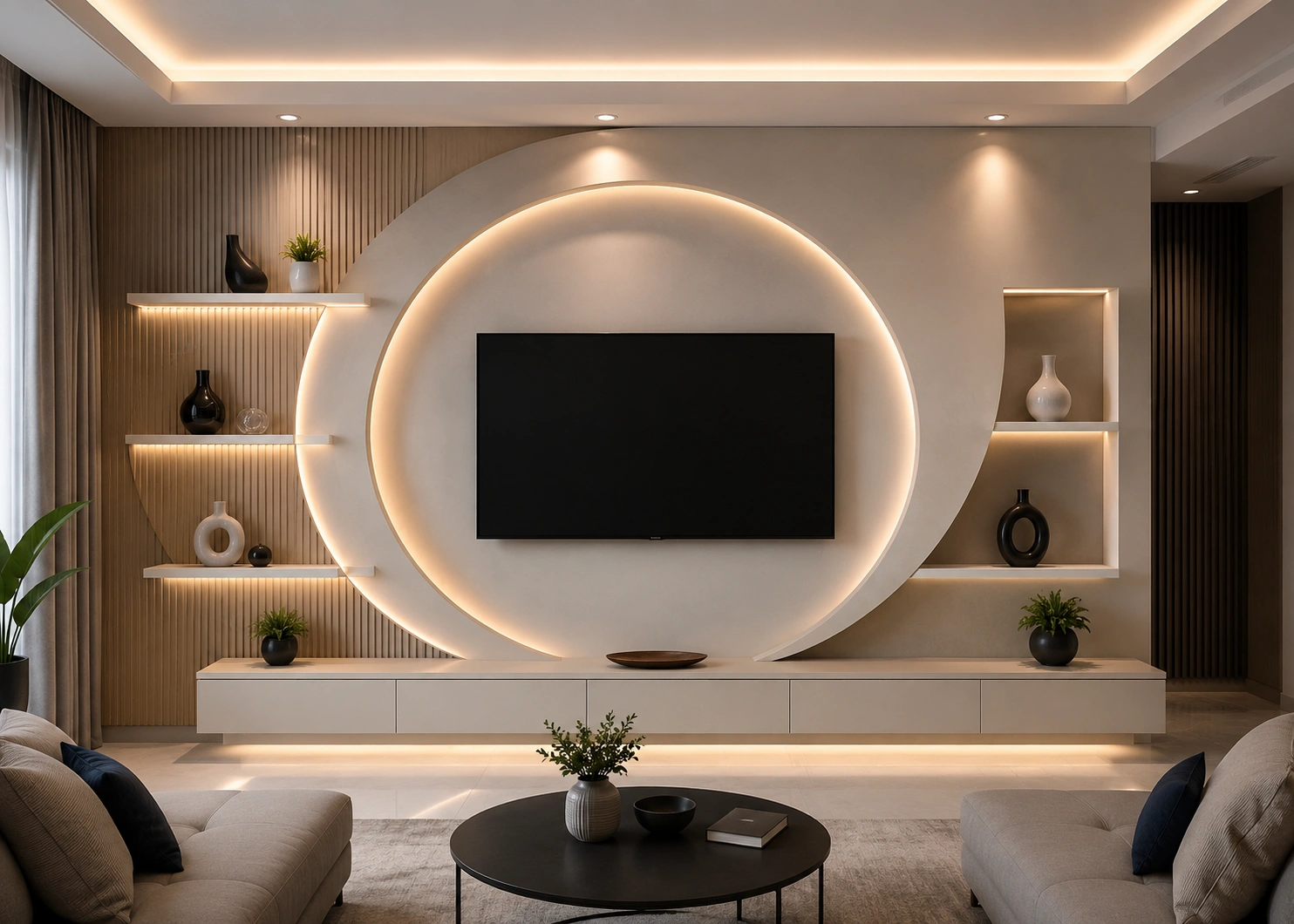 تصميم جدار تلفزيون مع إضاءة